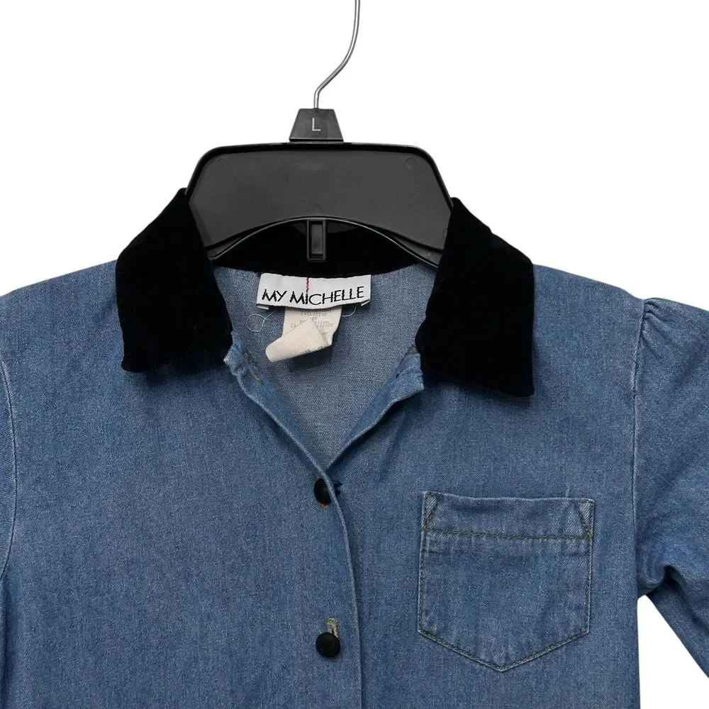Vintage My Michelle Denim Dress‎ With Velvet Collar Girls 6 Long Sleeve